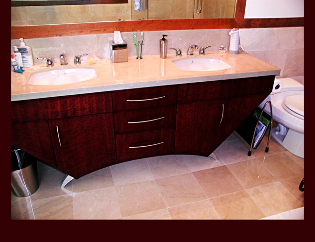 Bird's Eye Maple Master Bath Vanity. Contemporary slab fronts. Mahogany dyed finish. Stainless steel legs.