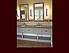 Open Vanity with double sink and stationary lower shelving.