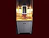 Off-white Vanity. Flat Panel Inset door style. Column detail with corbels. Decorative arch kick. Matching mirror medicine cabinet.