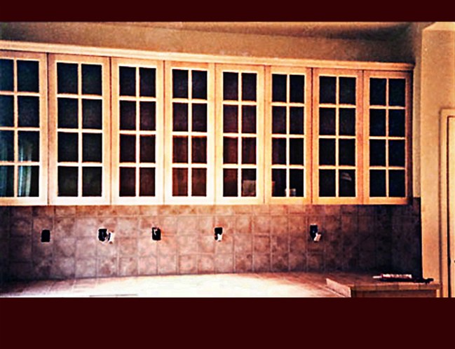 Custom Maple Kitchen Cabinetry. Upper Wall Cabinets. Divided Lite Glass Door Detail.